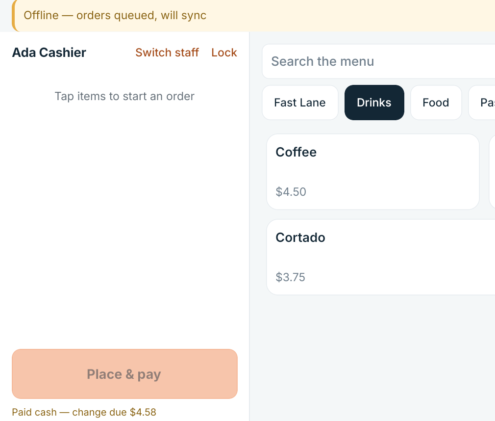 The DineStack register with an offline banner reading orders queued, will sync, and a completed cash sale showing the change due.